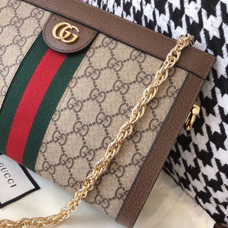 503877 Gucci Ophidia系列小號 GG 嵌花條紋織帶 鏈條肩背包 啡棕