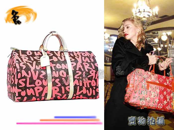 M93698 LV最新款 LV涂鴉系列 LV女包 LV手提包 LV旅行包 桃紅色