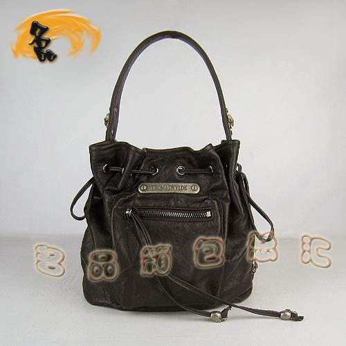 80039 THOMAS WYLDE托馬斯 最新款水桶包 深啡色全皮手提包 骷髏頭單肩包