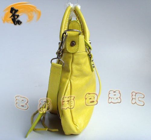 084331 BALENCIAGA時尚女包 巴黎世家機車包 黃色牛皮手提包 斜挎包 流蘇