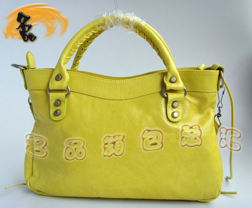 084331 BALENCIAGA時尚女包 巴黎世家機車包 黃色牛皮手提包 斜挎包 流蘇