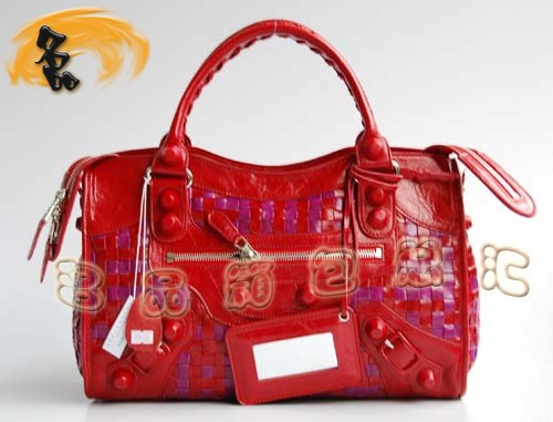 084332 BLENCIAGA新款紅配紫色牛皮編織手提包 巴黎世家機車包 經(jīng)典款斜挎包