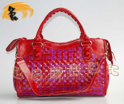 084332 BLENCIAGA新款紅配紫色牛皮編織手提包 巴黎世家機車包 經(jīng)典款斜挎包