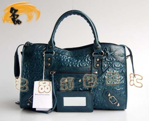 084932 巴黎世家新款寶藍色刺繡系列時尚女士手提包 BALENCIAGA斜挎包 機車包