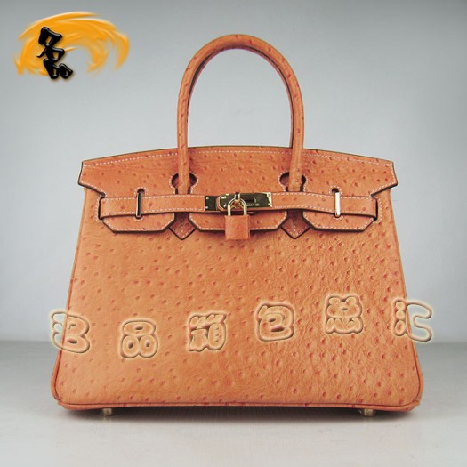 6088 1:1品質(zhì) Hermes Birkin 30 鴕鳥紋 Hermes手提包 愛馬仕女包 橙色金扣