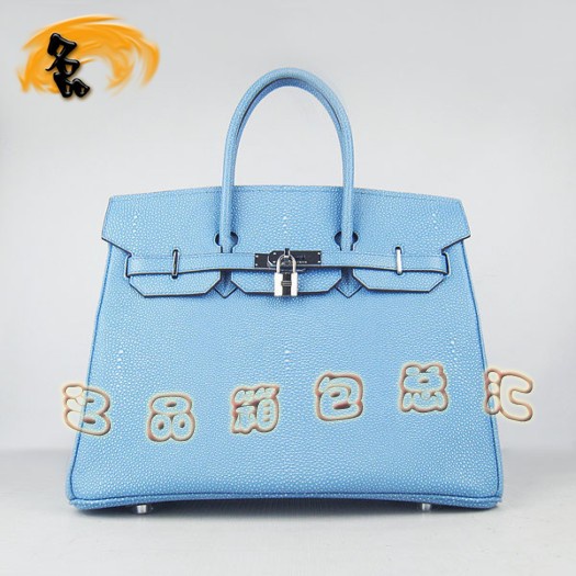 6089 Hermes手提包 Hermes 35 Birkin 鉑金包 珍珠紋女包 淺藍(lán)色銀扣