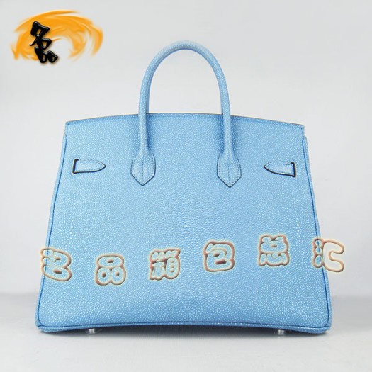6089 Hermes手提包 Hermes 35 Birkin 鉑金包 珍珠紋女包 淺藍(lán)色銀扣