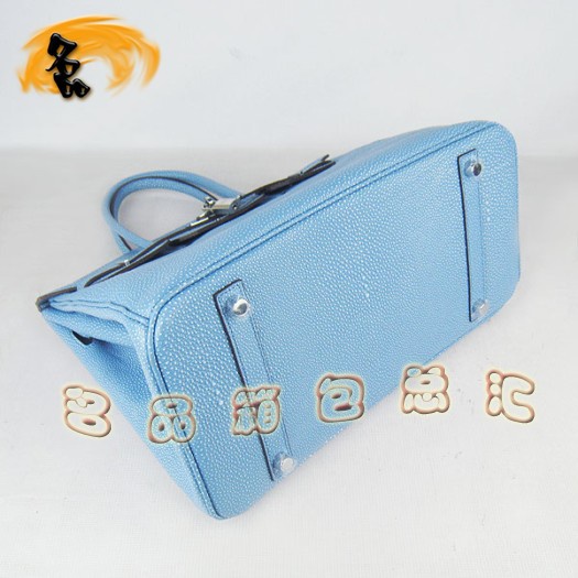 6089 Hermes手提包 Hermes 35 Birkin 鉑金包 珍珠紋女包 淺藍(lán)色銀扣