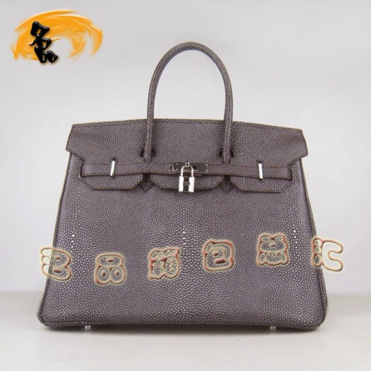 6089 Hermes手提包 Hermes 35 Birkin 鉑金包 珍珠紋女包 深啡色銀扣
