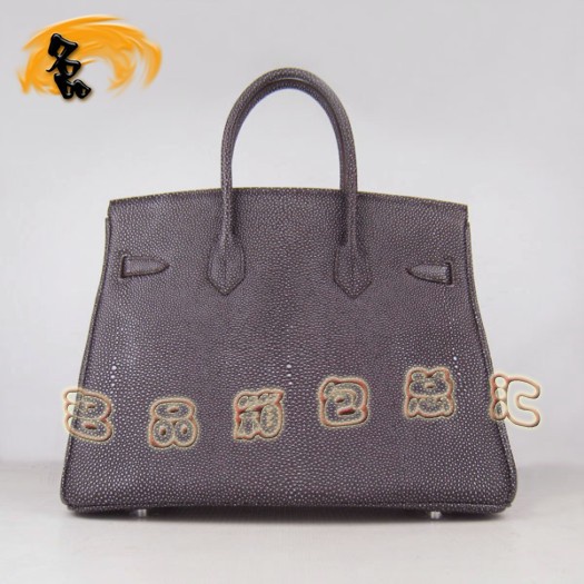 6089 Hermes手提包 Hermes 35 Birkin 鉑金包 珍珠紋女包 深啡色銀扣