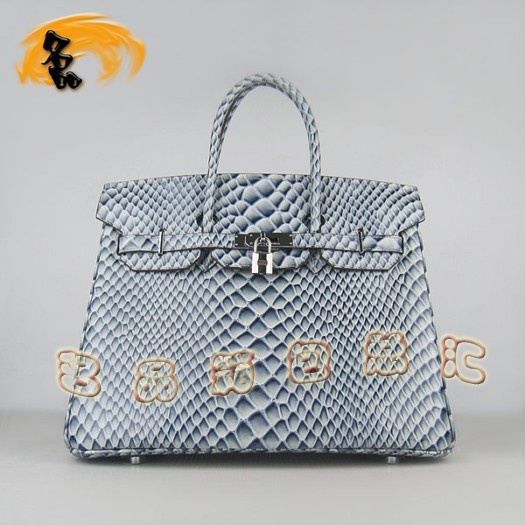6089 Hermes新款魚紋女士手提包 Hermes Birkin 鉑金包 35 Birkin 藍色銀扣