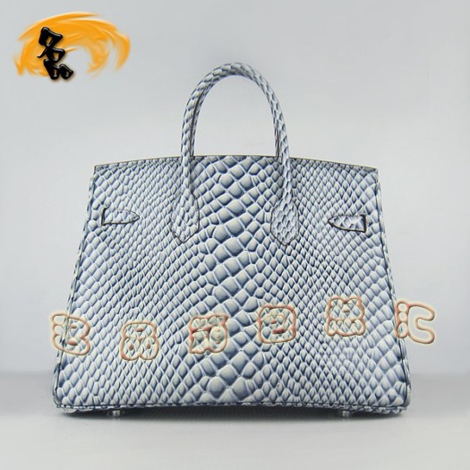 6089 Hermes新款魚紋女士手提包 Hermes Birkin 鉑金包 35 Birkin 藍色銀扣