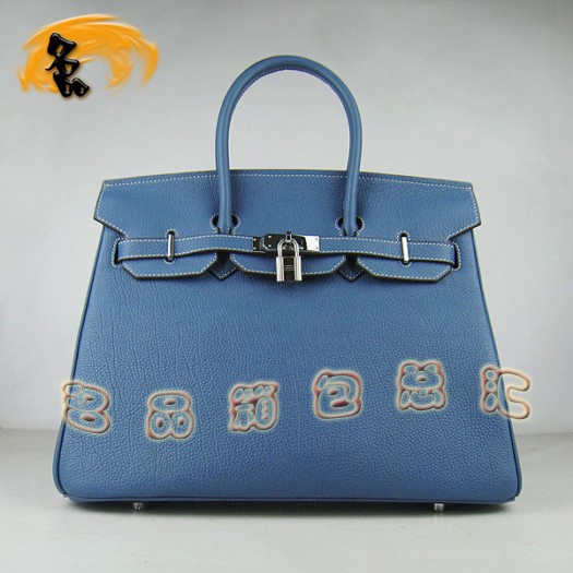 6089 Hermes 35 Birkin 牛頸紋手提包 Hermes女包 Hermes Birkin 鉑金包 藍(lán)色銀扣