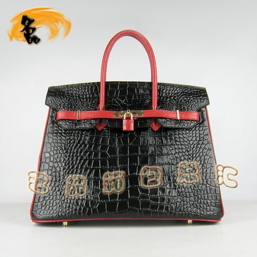 6089 Hermes 鱷魚紋手提包 Hermes女包 Hermes Birkin 鉑金包 黑配紅金扣(35)