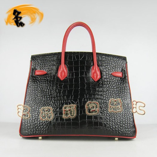 6089 Hermes 鱷魚紋手提包 Hermes女包 Hermes Birkin 鉑金包 黑配紅金扣(35)