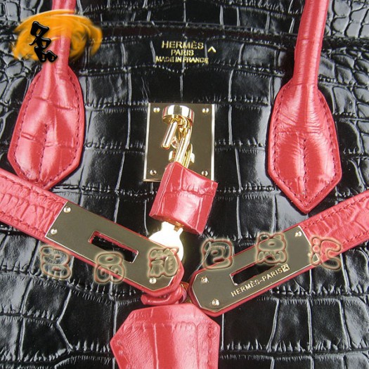 6089 Hermes 鱷魚紋手提包 Hermes女包 Hermes Birkin 鉑金包 黑配紅金扣(35)