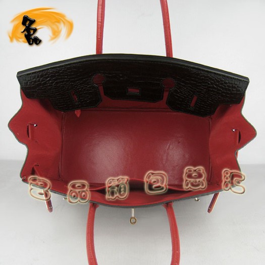 6089 Hermes 鱷魚紋手提包 Hermes女包 Hermes Birkin 鉑金包 黑配紅金扣(35)