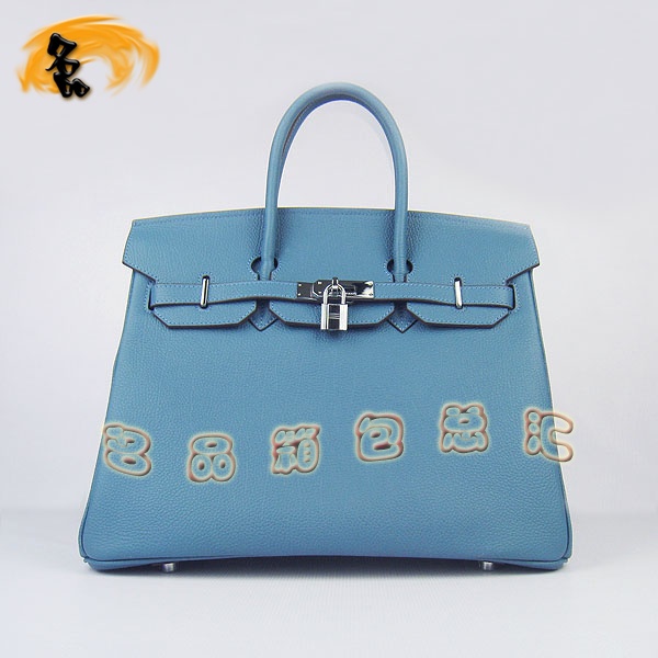 6089 Hermes Birkin 鉑金包 愛馬仕經(jīng)典荔枝紋 手提包 35 Hermes女包 中藍(lán)銀扣
