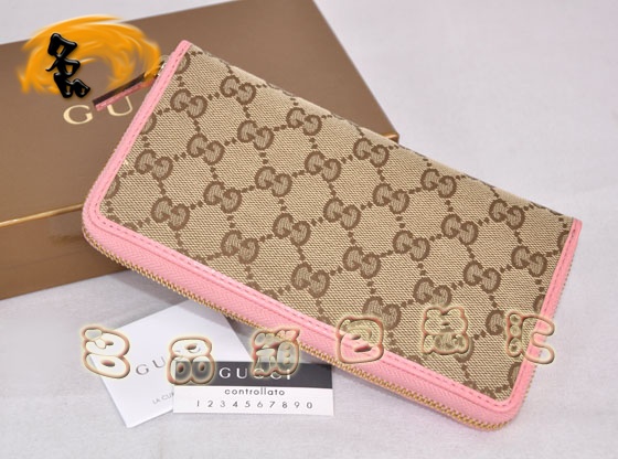 112724 Gucci最新款 古奇雙G花布時尚女士長款錢包 Gucci女包 杏配粉紅色
