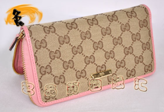 112724 Gucci最新款 古奇雙G花布時尚女士長款錢包 Gucci女包 杏配粉紅色