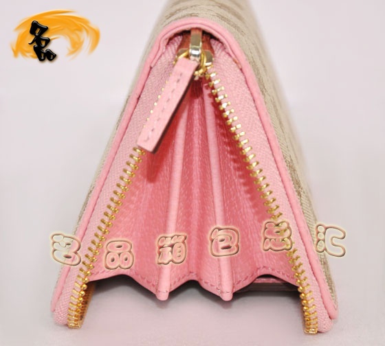 112724 Gucci最新款 古奇雙G花布時尚女士長款錢包 Gucci女包 杏配粉紅色