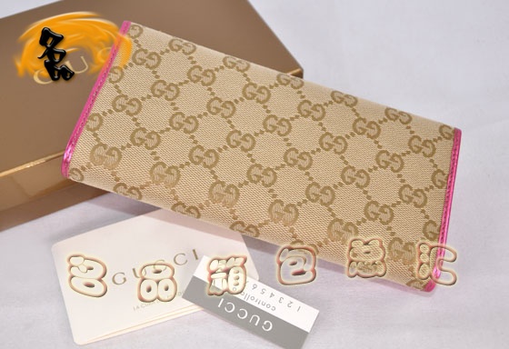 181595 古奇經(jīng)典雙G帆布女士錢(qián)夾 Gucci長(zhǎng)款錢(qián)包 Gucci女包 一比一品質(zhì) 杏配桃紅色
