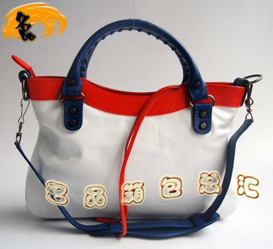 084331 巴黎世家女包 新款拼色頭層牛皮女士機車包 Balenciaga手提包 單肩包 白色