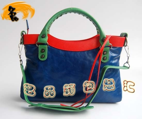 084331 巴黎世家女包 拼色頭層牛皮女士機車包 Balenciaga手提包 單肩包 藍配紅色