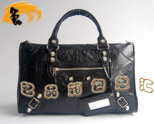 084324A 一比一品質 巴黎世家新款羊皮銀釘手提包 Balenciaga機車包 黑色