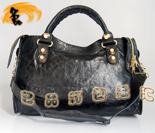 084332B Balenciaga機(jī)車包 單肩包 巴黎世家手提包 進(jìn)口羊皮大金釘時(shí)尚女包 黑色