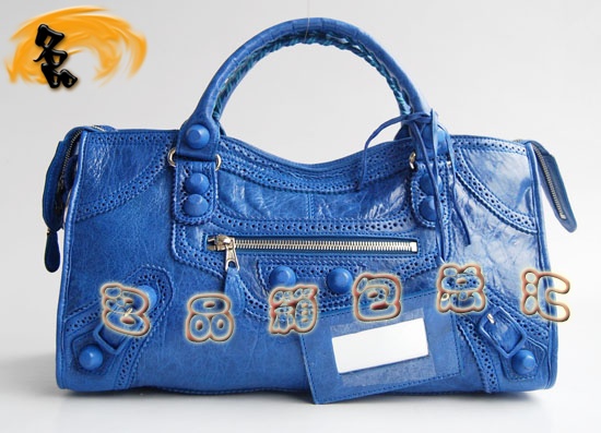 084828 1:1品質 Balenciaga機車包 女士單肩包 巴黎世家羊皮花邊皮釘手提包 藍色