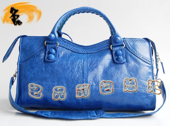 084828 1:1品質 Balenciaga機車包 女士單肩包 巴黎世家羊皮花邊皮釘手提包 藍色