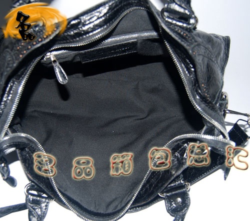 084828 1:1品質(zhì) Balenciaga機車包 女士單肩包 巴黎世家羊皮花邊皮釘手提包 黑色