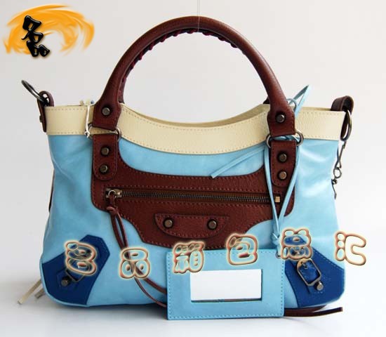 084331 Balenciaga手提包 巴黎世家女包 進(jìn)口牛皮經(jīng)典時(shí)尚女包 藍(lán)杏駝色