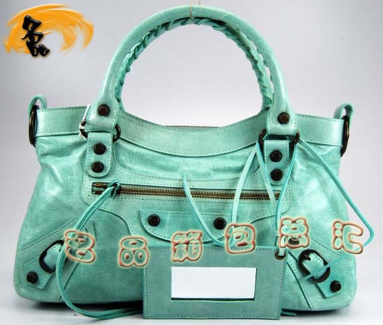 103208 巴黎世家單肩包 Balenciaga機車包 進口油皮時尚女包 手提包 湖水藍色