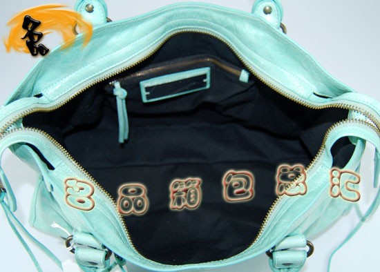 115748S 巴黎世家機車包 Balenciaga單肩包 手提包 進口油皮時尚女包 湖水藍色