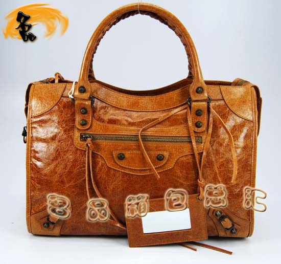 115748L 巴黎世家手提包 Balenciaga單肩包 進口油皮時尚女包 機車包 駝色