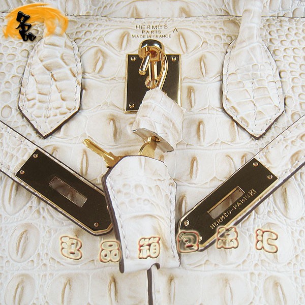 6088 愛馬仕女包 Hermes手提包 Hermes Birkin 鉑金包 鱷魚頭紋(30) 米白色金扣