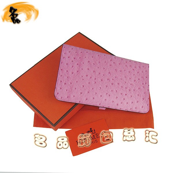 H001 Hermes錢包 愛馬仕經(jīng)典款兩折錢包 Hermes手拿包 鴕鳥紋女士錢夾 桃紅色