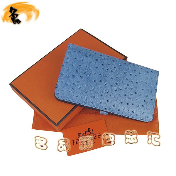 H001 Hermes錢包 愛馬仕經(jīng)典款兩折錢包 Hermes手拿包 鴕鳥紋女士錢夾 中藍(lán)色