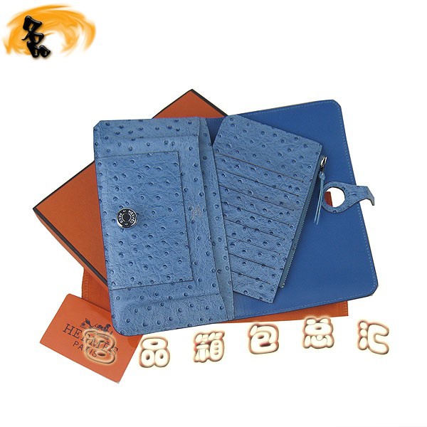 H001 Hermes錢包 愛馬仕經(jīng)典款兩折錢包 Hermes手拿包 鴕鳥紋女士錢夾 中藍(lán)色