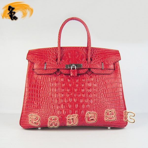 6089 愛馬仕女包 Hermes手提包 Hermes Birkin 鉑金包 鱷魚頭紋(35) 紅色銀扣