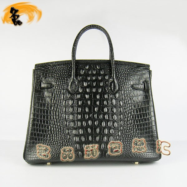6089 愛馬仕女包 Hermes手提包 Hermes Birkin 鉑金包 鱷魚頭紋(35) 黑色金扣