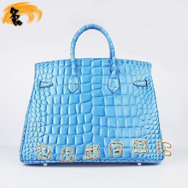 6089 愛馬仕女包 Hermes手提包 Hermes Birkin 鉑金包 鱷魚紋(35) 淺藍色銀扣