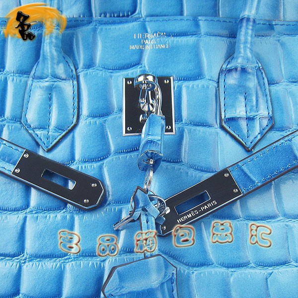 6089 愛馬仕女包 Hermes手提包 Hermes Birkin 鉑金包 鱷魚紋(35) 淺藍色銀扣