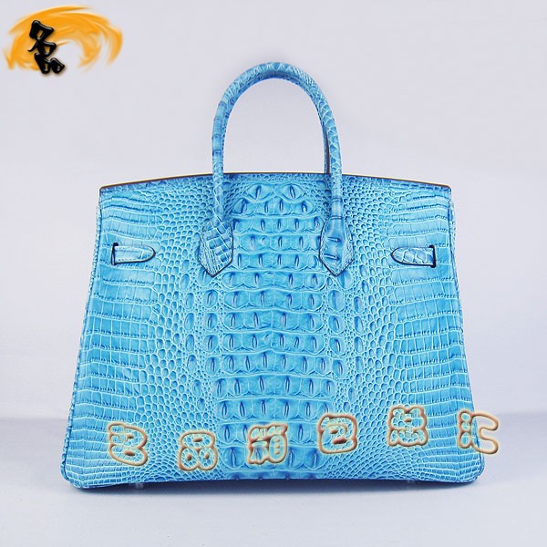 6089 Hermes Birkin 鉑金包愛馬仕女包 Hermes手提包 鱷魚頭紋(35) 淺藍色銀扣