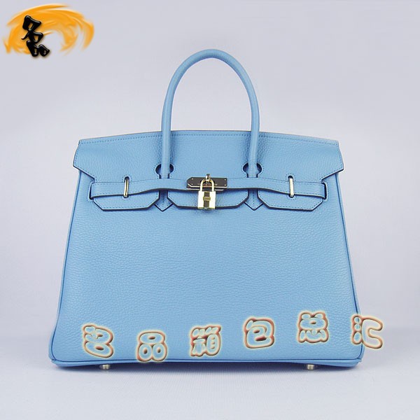6089 Hermes Birkin 鉑金包愛(ài)馬仕女包 Hermes手提包 荔枝紋(35) 淺藍(lán)色金扣