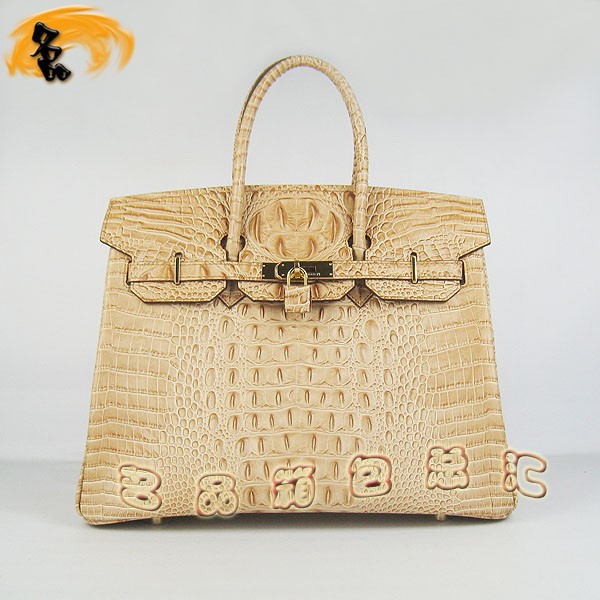 6089 愛(ài)馬仕女包 Hermes手提包 Hermes Birkin 鉑金包 鱷魚(yú)頭紋(35) 土黃色金扣