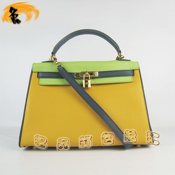 6108 凱莉包 Hermes女包 手提包 愛馬仕斜挎包 Hermes Kelly Bag 配色荔枝紋 黃藍綠色金扣