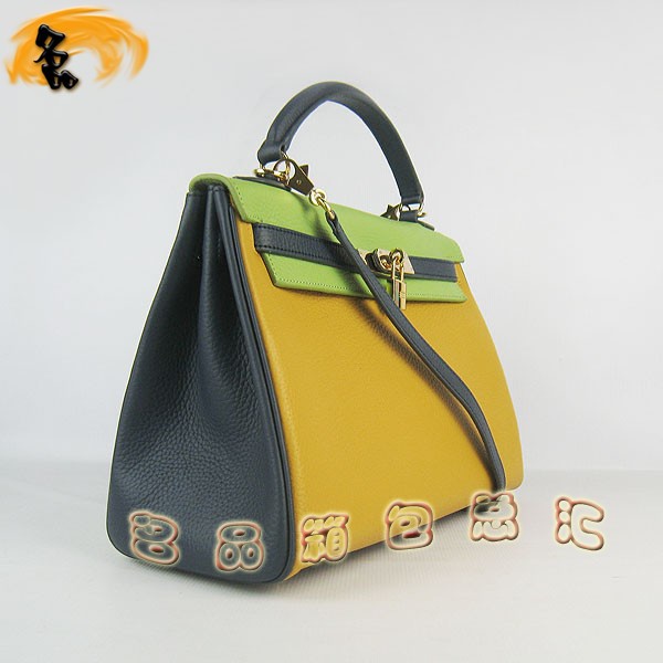 6108 凱莉包 Hermes女包 手提包 愛馬仕斜挎包 Hermes Kelly Bag 配色荔枝紋 黃藍綠色金扣